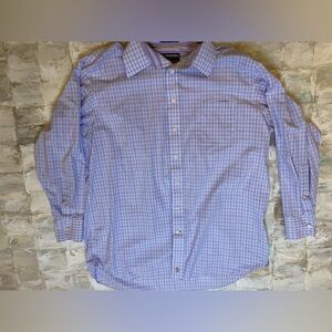 Men's 17.5  x  34-35  purple & white plaid Stafford long sleeve button down
